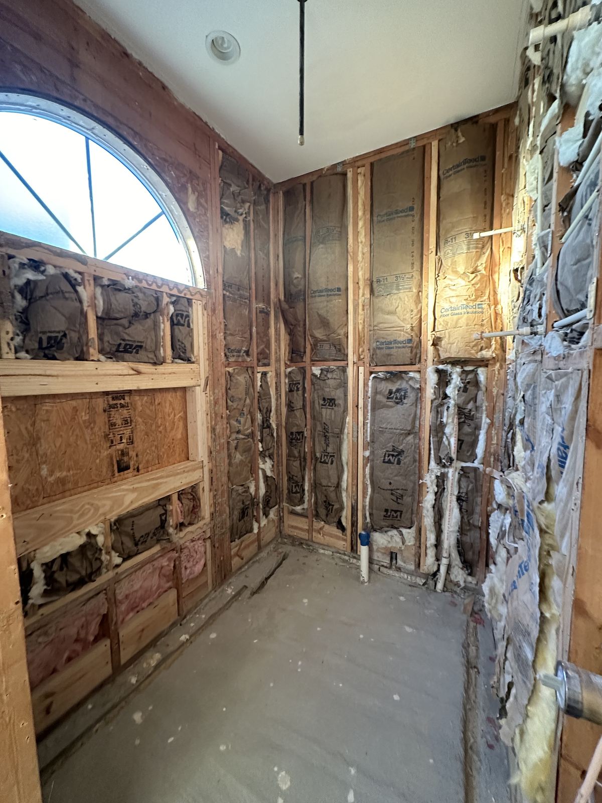 Bathroom stripped to framing and insulation with arched window
