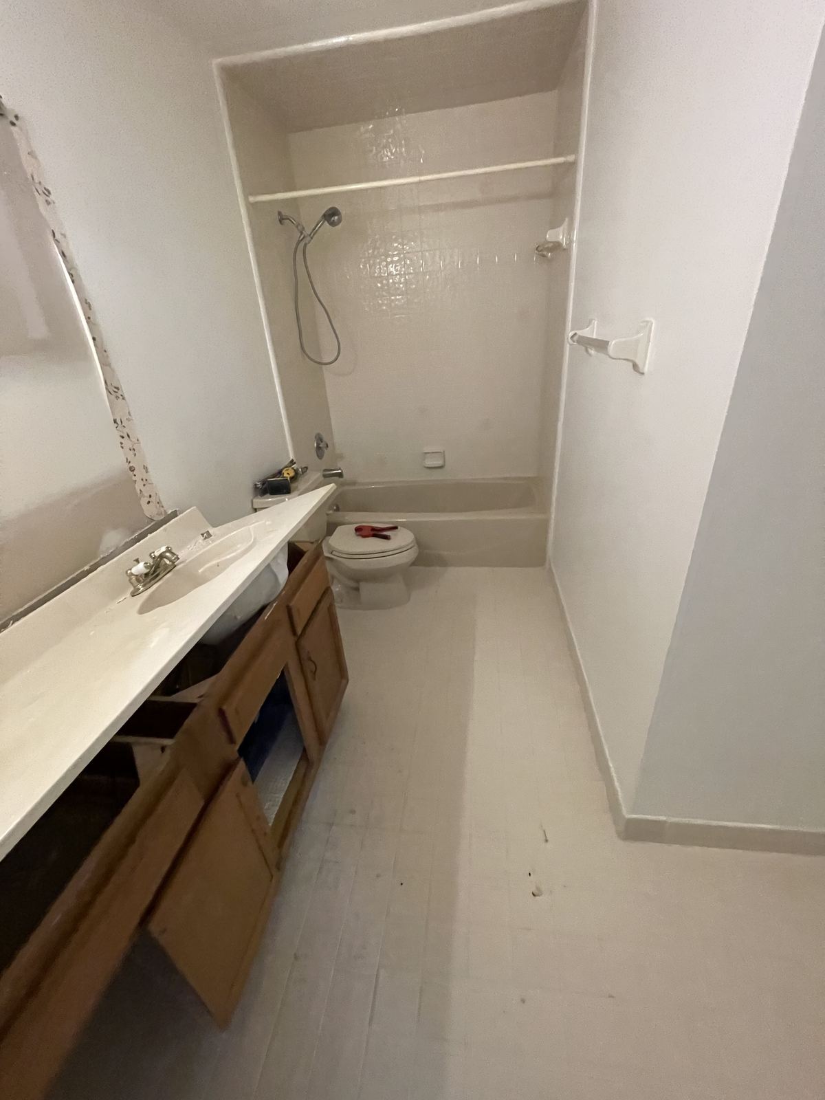 Original fiberglass tub-shower combo before renovation