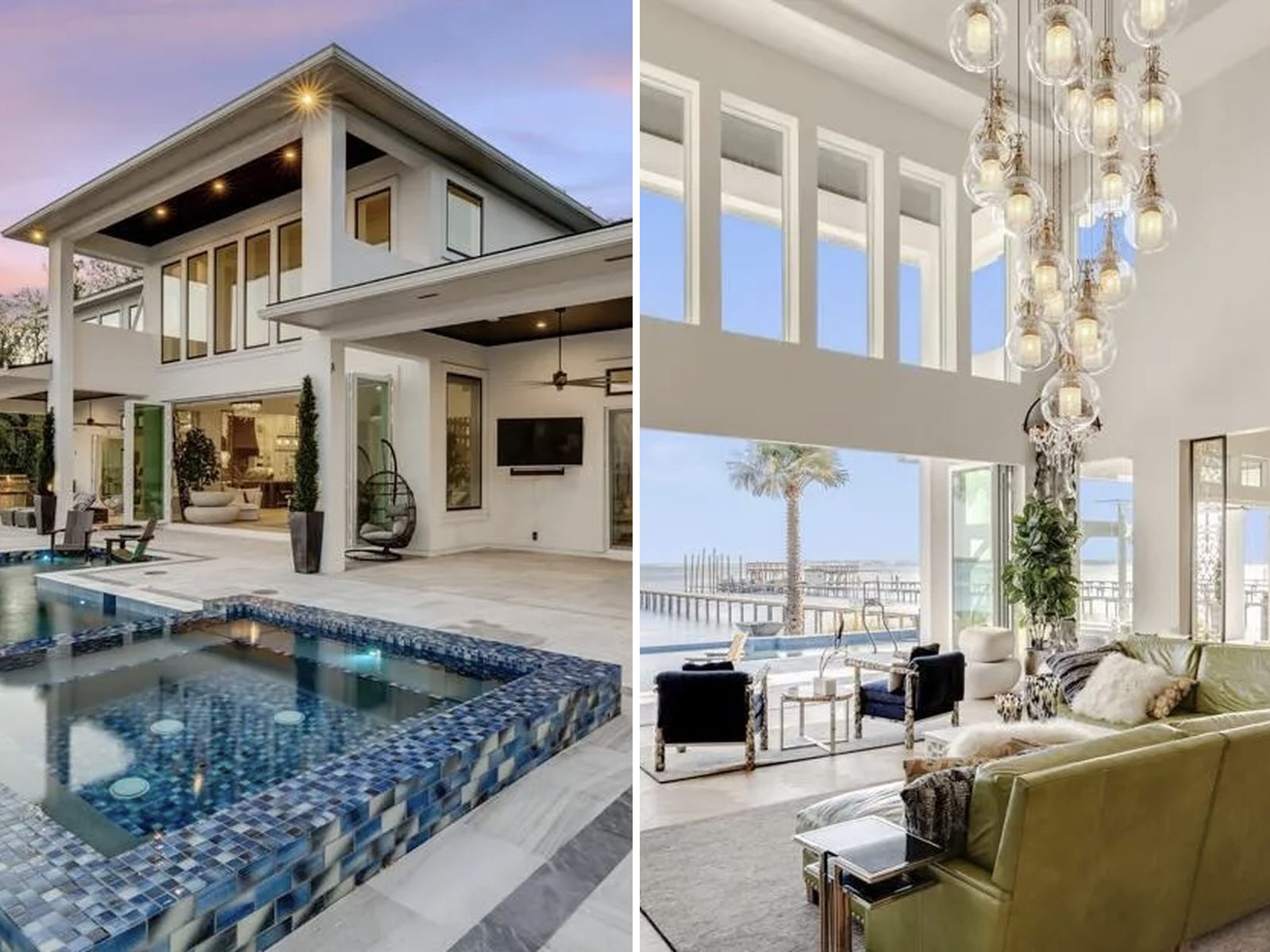 Waterfront home exterior at dusk and interior living room