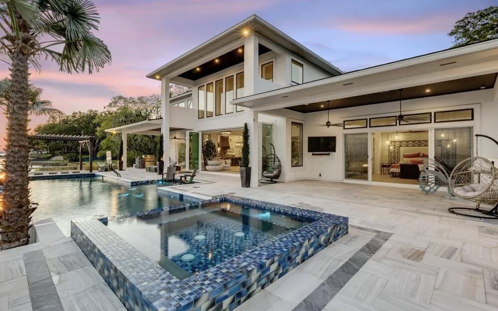 Twilight pool and spa at Jacksonville waterfront estate